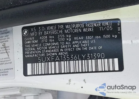 2006 BMW X5 3.0I from USA, damaged, VIN 5UXFA13536LY31390